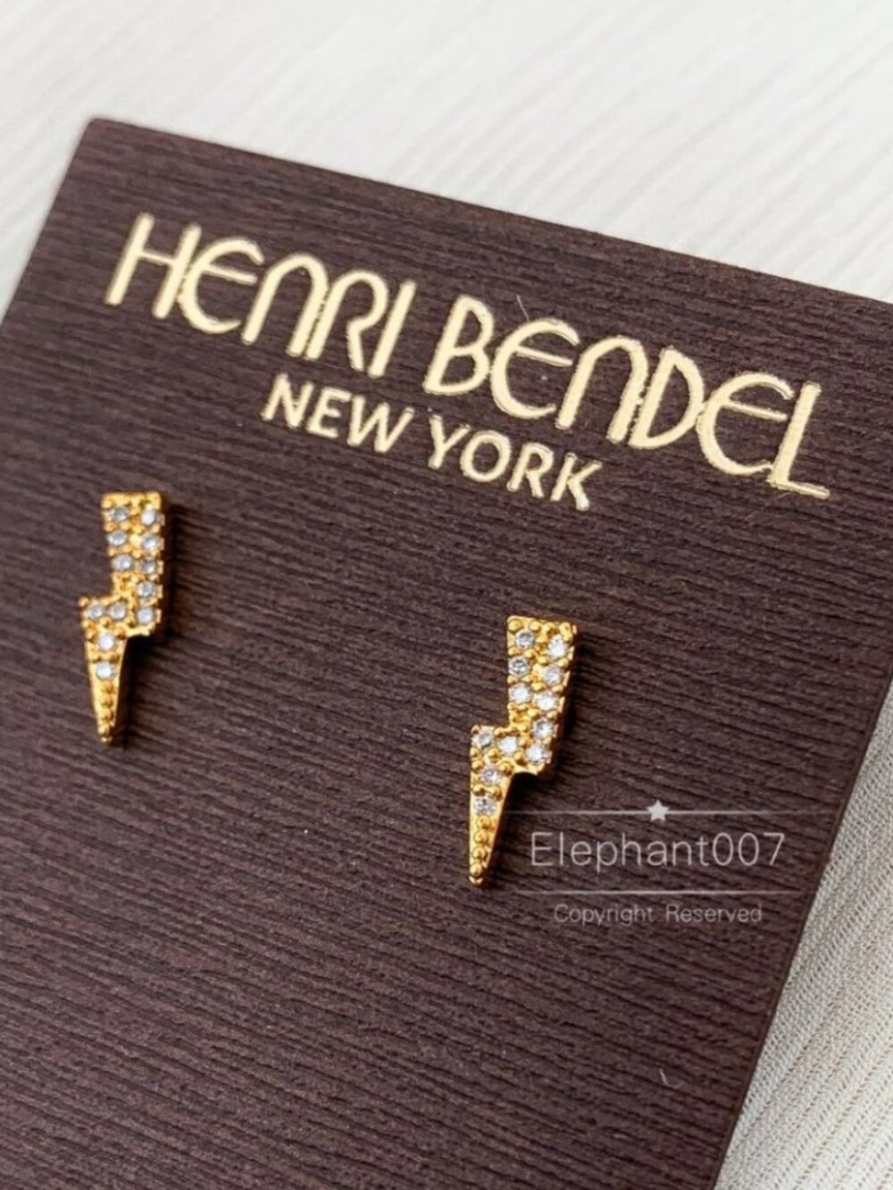 Henri Bendel Crystal Lightning Bolt Stud Earrings Gold Tone Pave CZ Thunderbolt